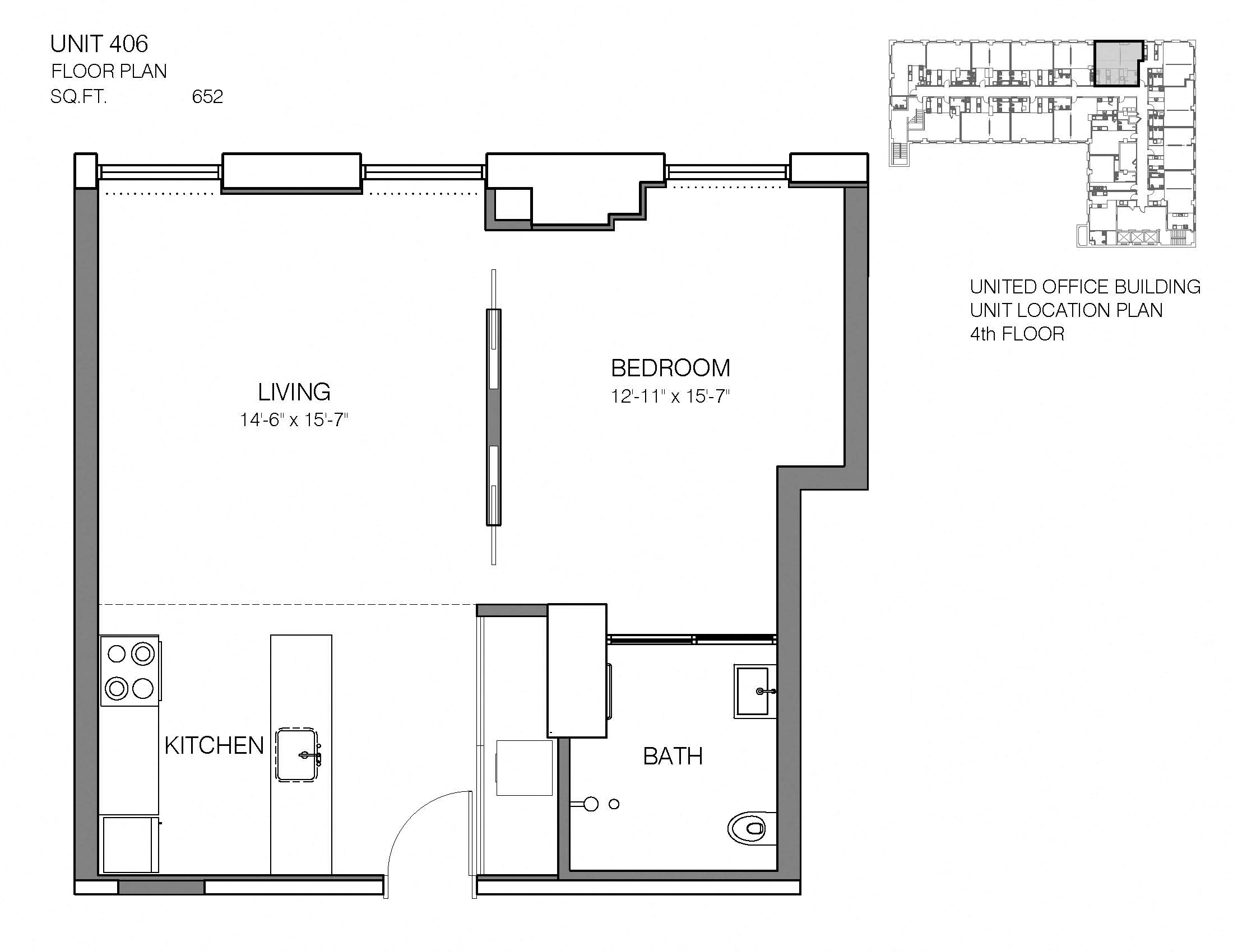 Floor plan for 1 bed, 1 bath, 652 sqft